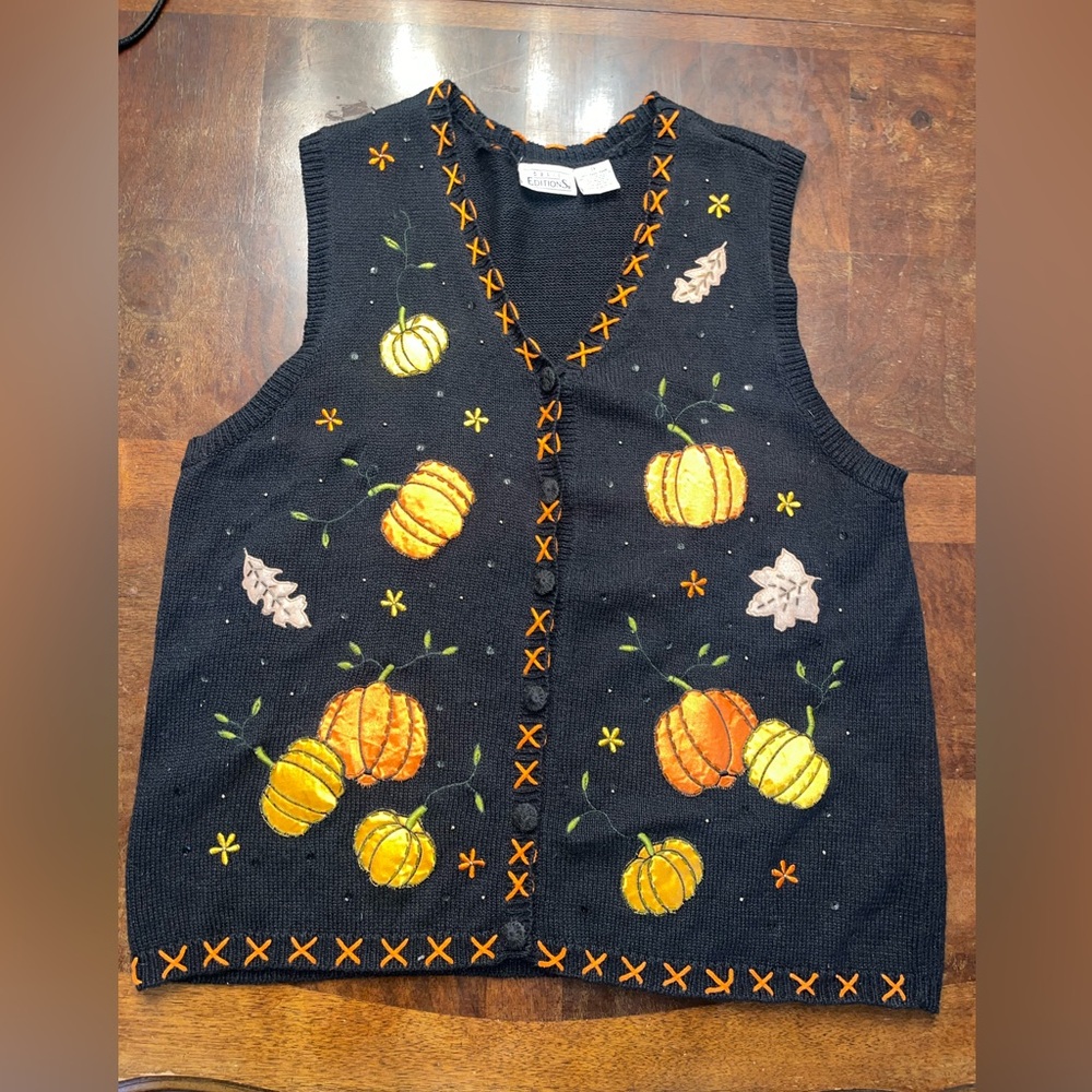 Vintage Basic Editions Sweater Vest Womens 3X Knit Pumpkins Fall Themed Black